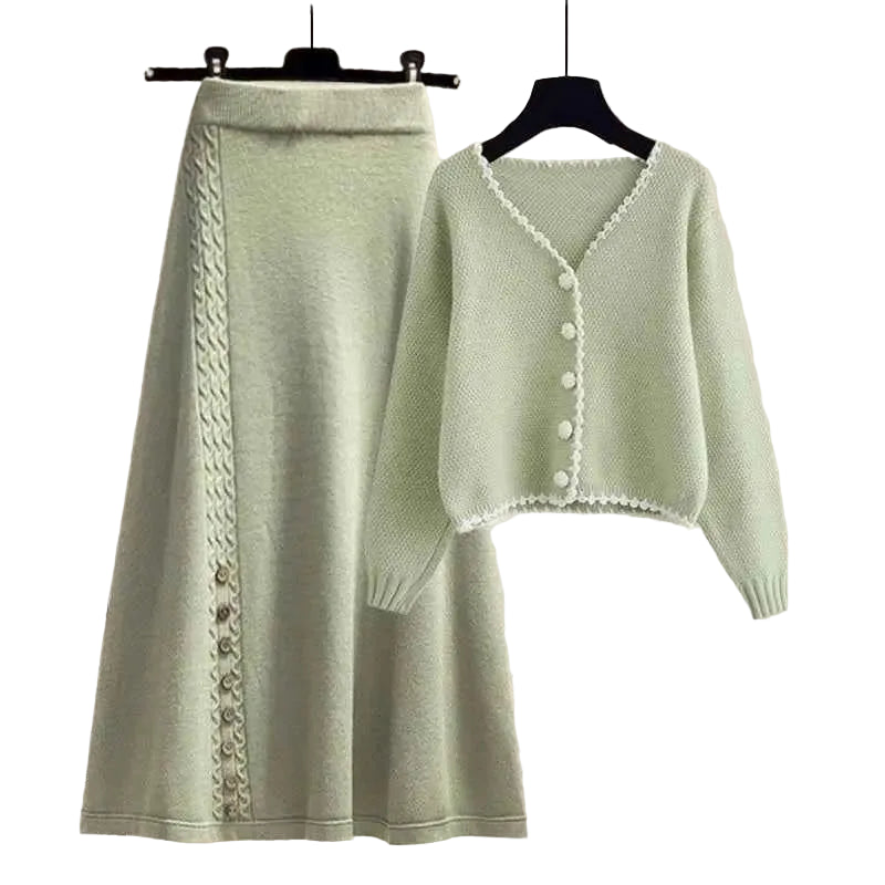 Mint green south african winter sweater two-piece set with v-neck white buttons and cable knit skirt detailing
