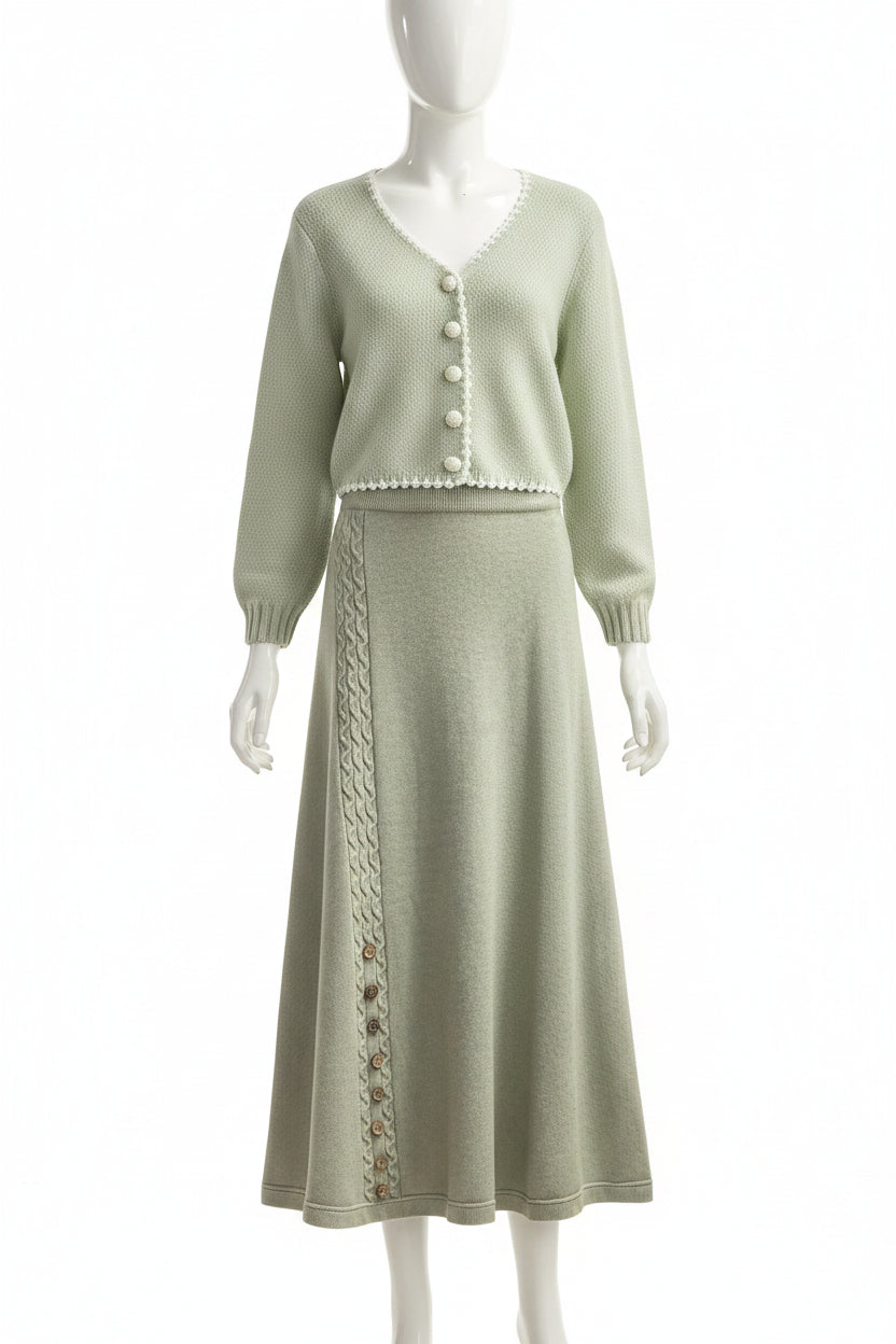 Mint green knitted south african winter sweater two-piece set with v-neck white buttons and cable knit skirt detailing