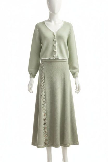 Mint green knitted south african winter sweater two-piece set with v-neck white buttons and cable knit skirt detailing