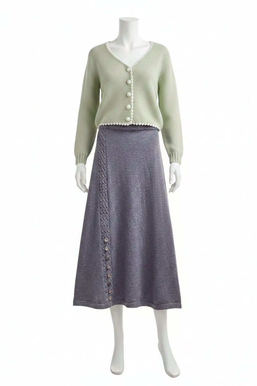 Soft mint green knit winter sweater cardigan with lace trim and pearl buttons in a south african two-piece set