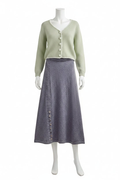 Soft mint green knit winter sweater cardigan with lace trim and pearl buttons in a south african two-piece set