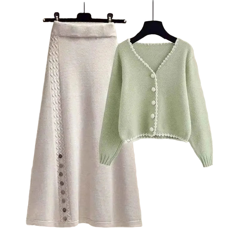 A soft mint green knit winter sweater cardigan with v-neck, button closure, and lace trim in a south african two-piece set Apricot