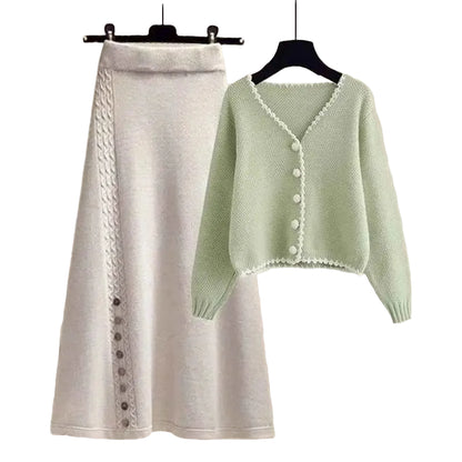 A soft mint green knit winter sweater cardigan with v-neck, button closure, and lace trim in a south african two-piece set Apricot