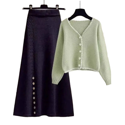 Mint green knitted winter sweater with white lace trim and buttons in a south african two-piece set Black