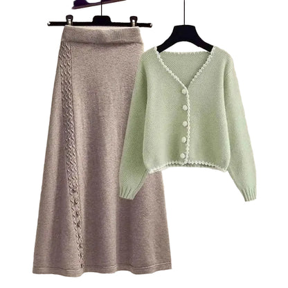 Soft mint green knit winter sweater with lace trim and pearl buttons paired with gray cable-knit skirt two-piece set Color