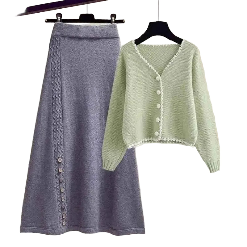 Soft mint green knitted winter sweater with white lace trim and pearl buttons in a south african two-piece set Gray