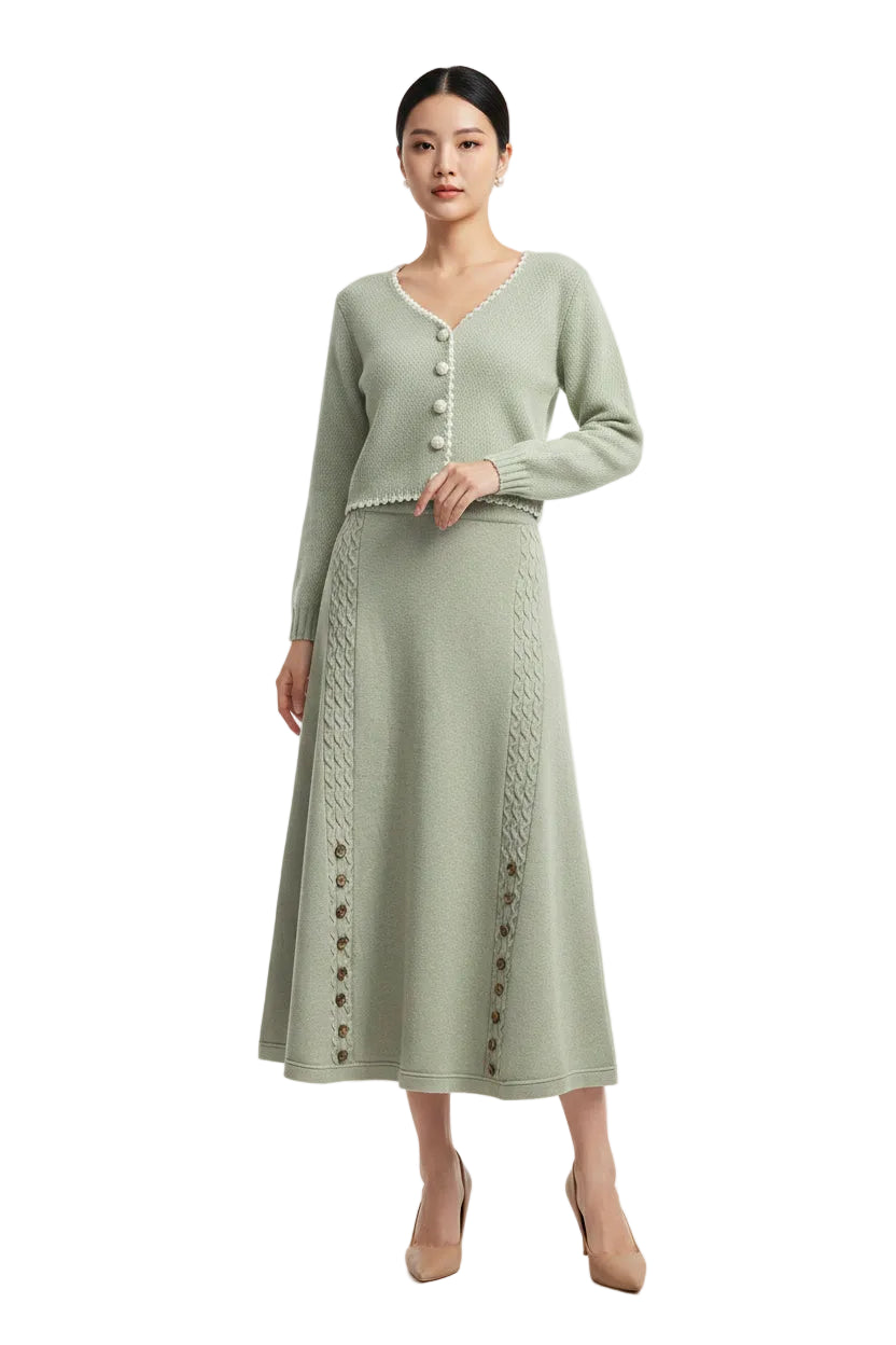 Mint green knitted winter sweater two-piece set with v-neck white buttons and cable knit skirt detailing south african style Green