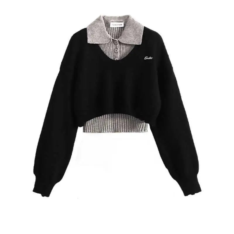 Black cropped knit winter sweater vest with gray ribbed collar hem and embroidered chest logo in three-piece set