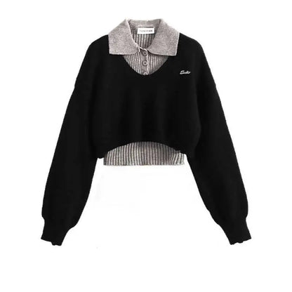 Black cropped knit winter sweater vest with gray ribbed collar hem and embroidered chest logo in three-piece set