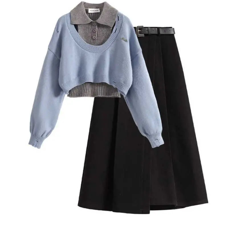 Light blue cropped knit winter sweater vest with gray ribbed collar and button detail in three-piece set