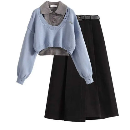 Light blue cropped knit winter sweater vest with gray ribbed collar and button detail in three-piece set