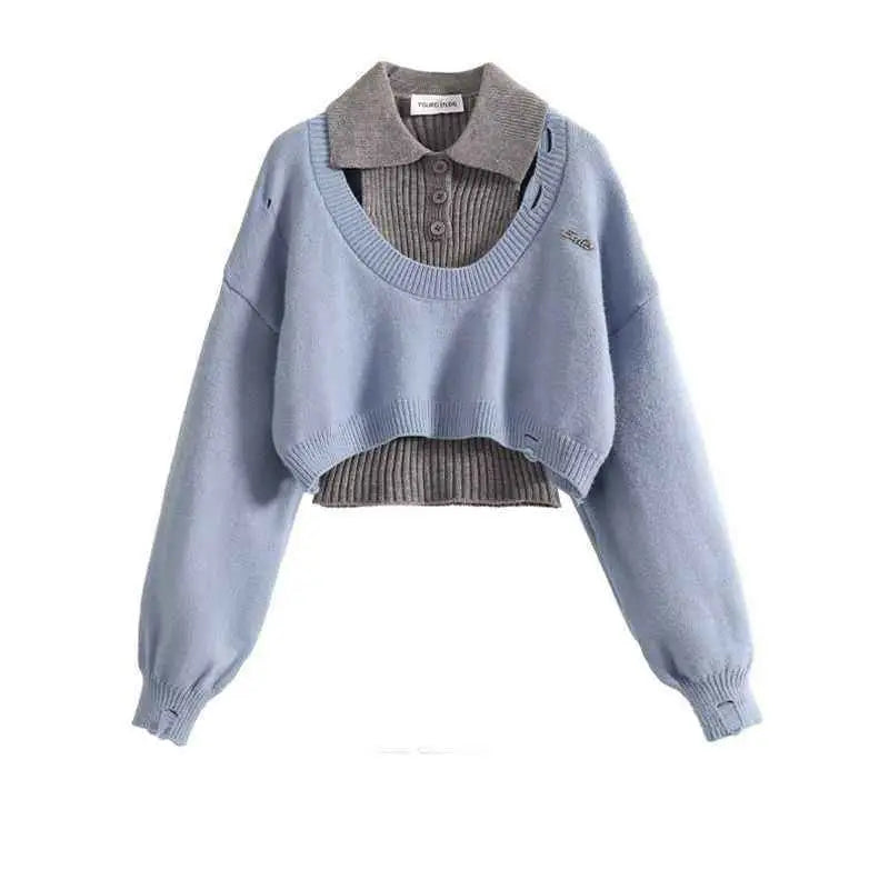 Light blue cropped knit winter sweater vest with gray collared polo detail and ribbed cuffs for layering
