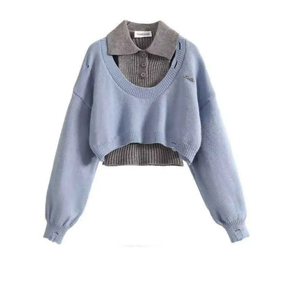 Light blue cropped knit winter sweater vest with gray collared polo detail and ribbed cuffs for layering