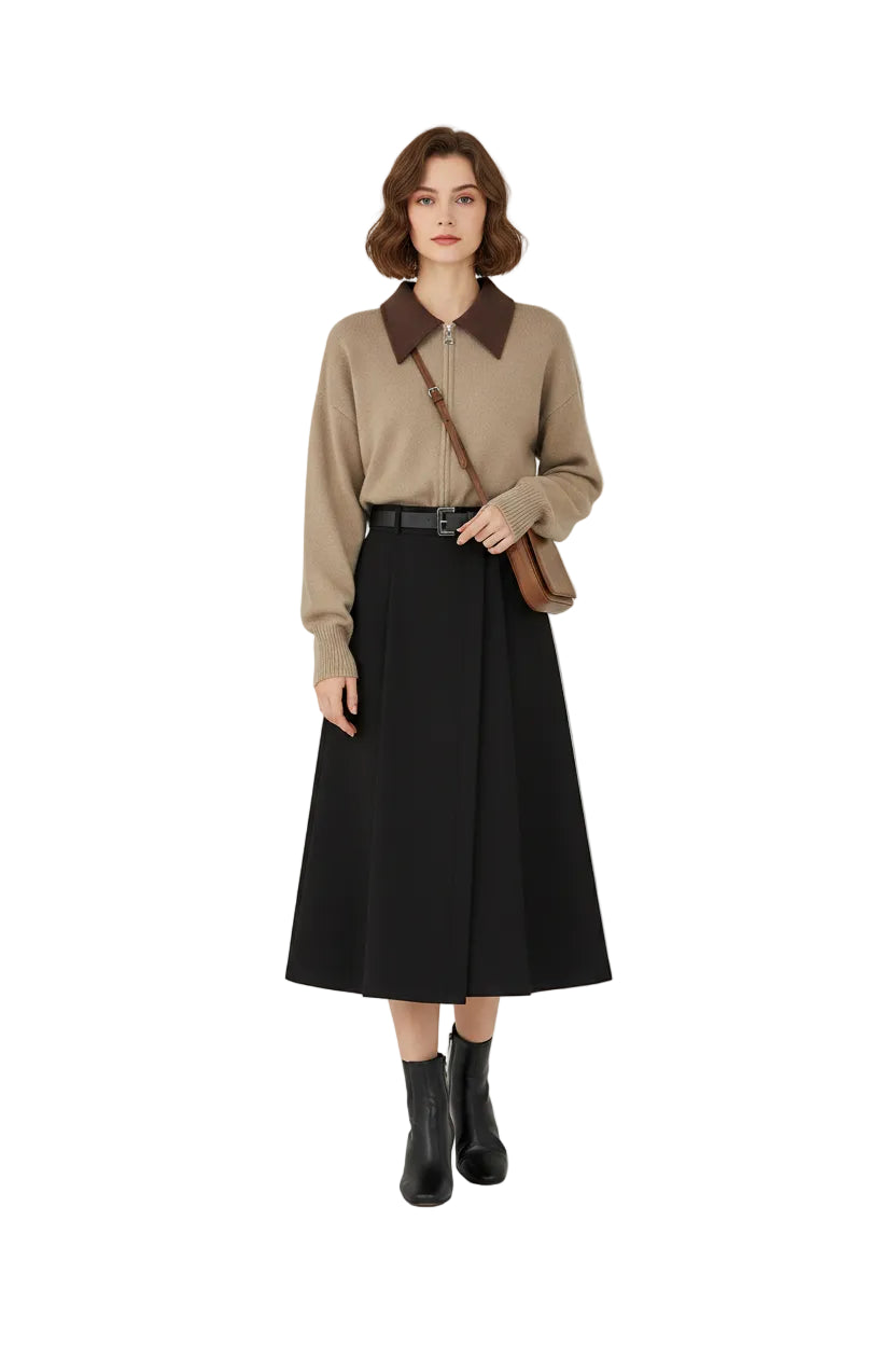 Tan knit winter sweater vest with dark brown collar and ribbed cuffs in winter sweater vest and dress three-piece set
