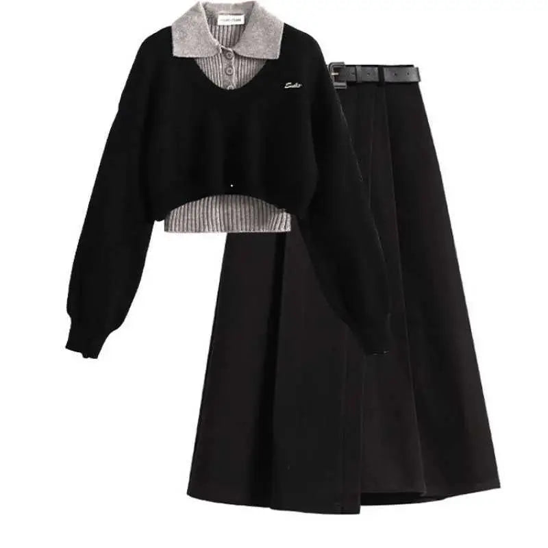 Black winter sweater vest with gray ribbed collar hem and subtle embroidered logo on chest in three-piece set Black Sweater Vest Black Dress