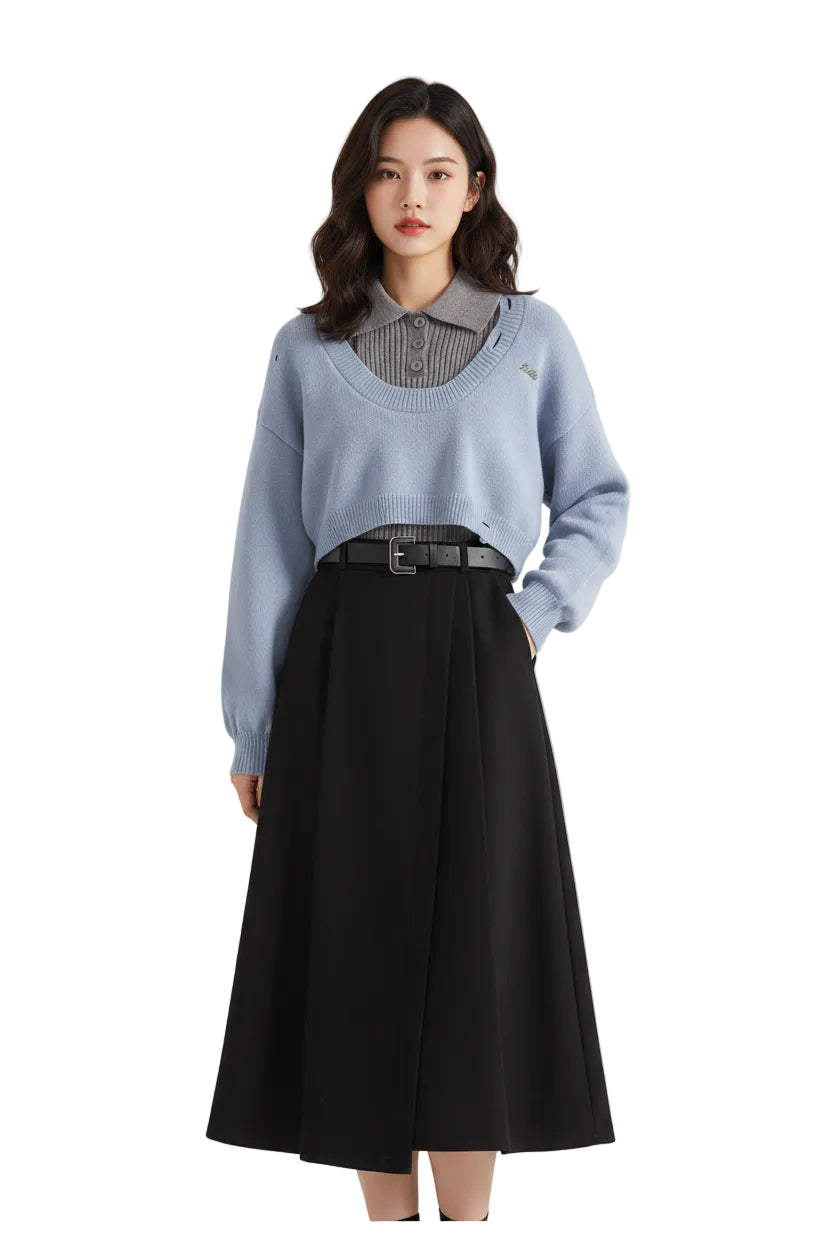 Light blue cropped knit winter sweater vest with gray ribbed collar and button detail in dress three-piece set Blue Sweater Vest Black Dress
