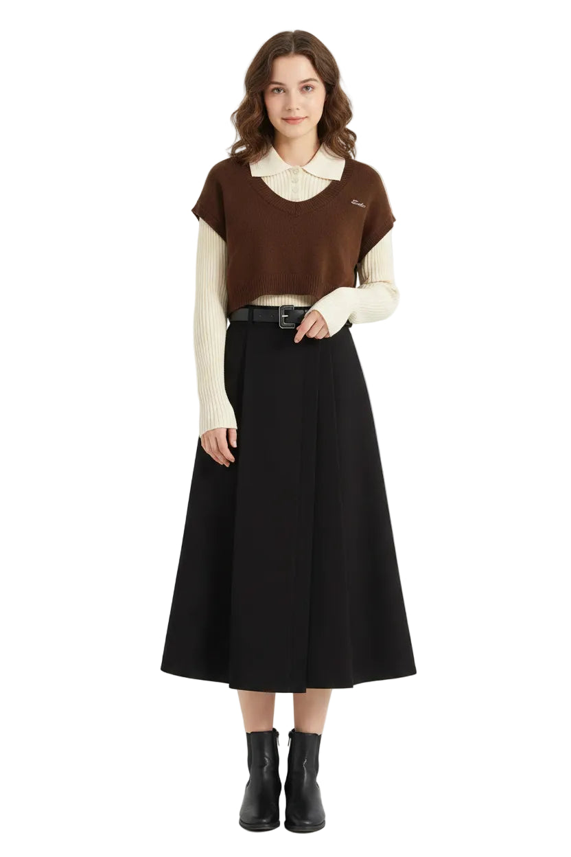 Brown cropped knit winter sweater vest with cream collar and ribbed hem for cold weather layering Brown Sweater Vest Black Dress