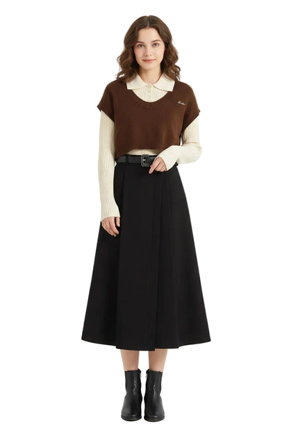 Brown cropped knit winter sweater vest with cream collar and ribbed hem for cold weather layering Brown Sweater Vest Black Dress