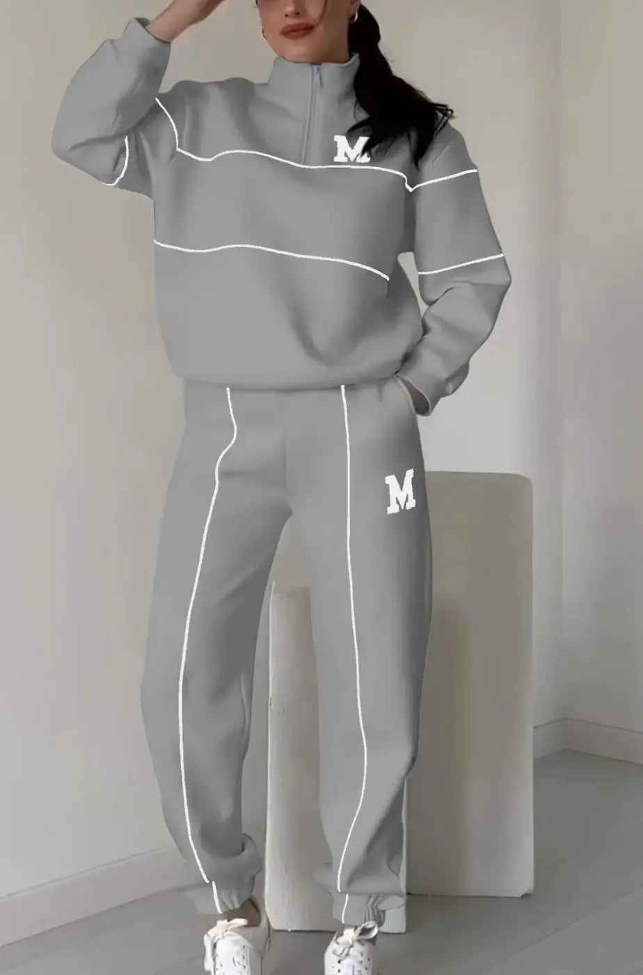 Baggy Pullover Sweatshirt & Fashion Sweatpants Set - Gray / L - pullover sweatshirt, fashion sweatpants, hoodless Gray