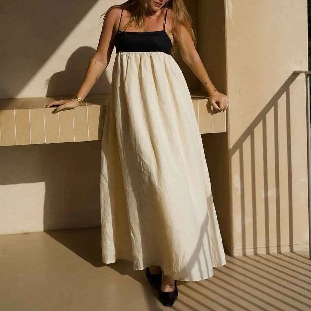 Women’s casual off-white cotton linen sleeveless dress with black square neckline and thin straps maxi dress