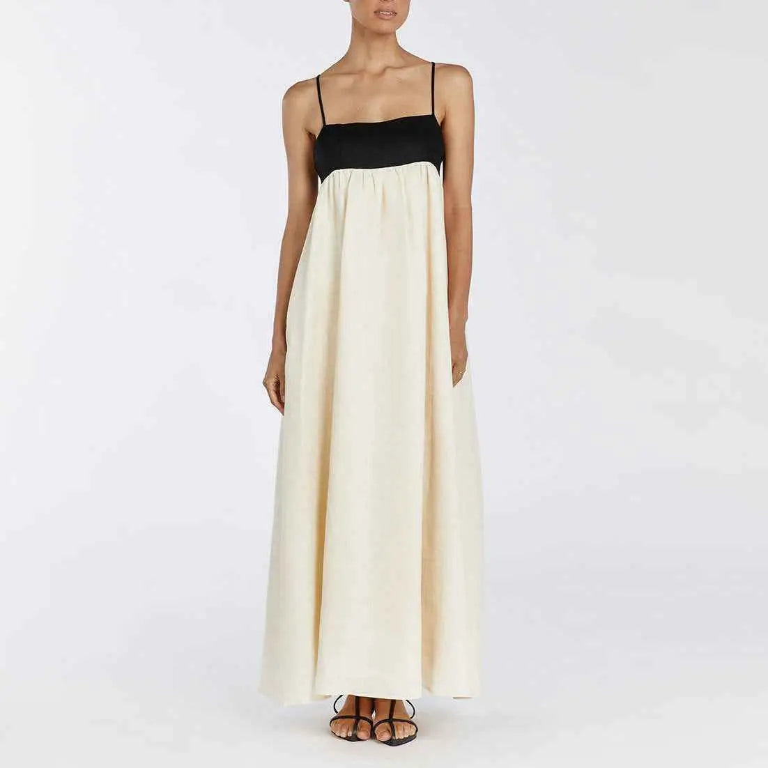 Women’s casual cotton linen sleeveless black and cream two-tone spaghetti strap maxi dress with fitted bodice and skirt