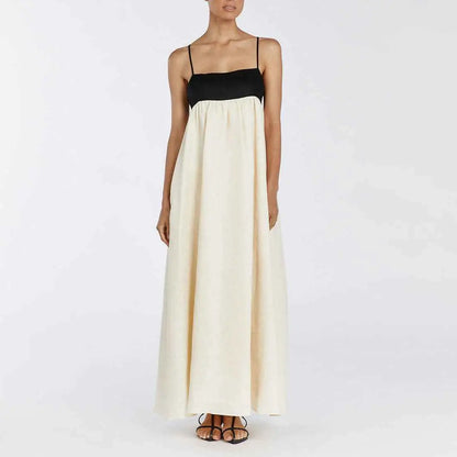 Women’s casual cotton linen sleeveless black and cream two-tone spaghetti strap maxi dress with fitted bodice and skirt