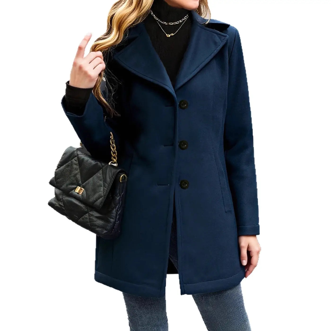 French-Style Vintage Notch-Collar Coat | Relaxed Fit Navy Commuter Jacket - Blue / L - relaxed fit, french-style Navy Blue