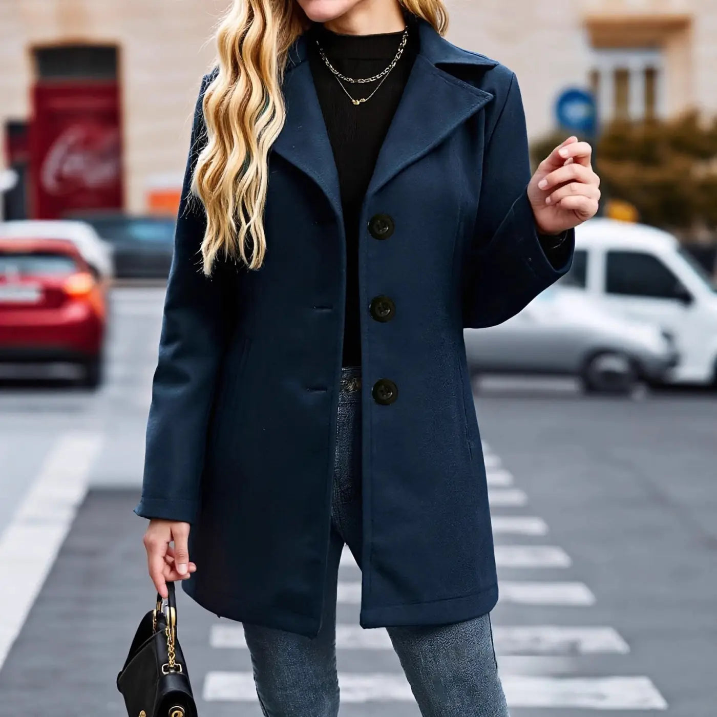 French-Style Vintage Notch-Collar Coat | Relaxed Fit Navy Commuter Jacket - relaxed fit, french-style vintage, elegant