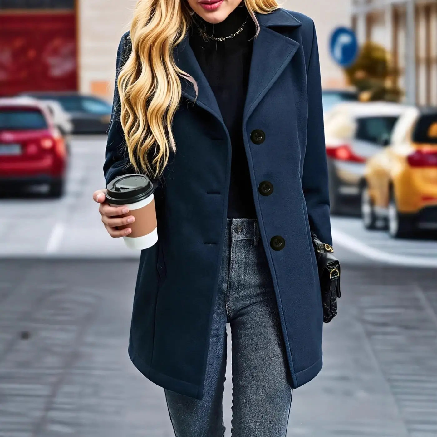 French-Style Vintage Notch-Collar Coat | Relaxed Fit Navy Commuter Jacket - relaxed fit, french-style vintage, elegant
