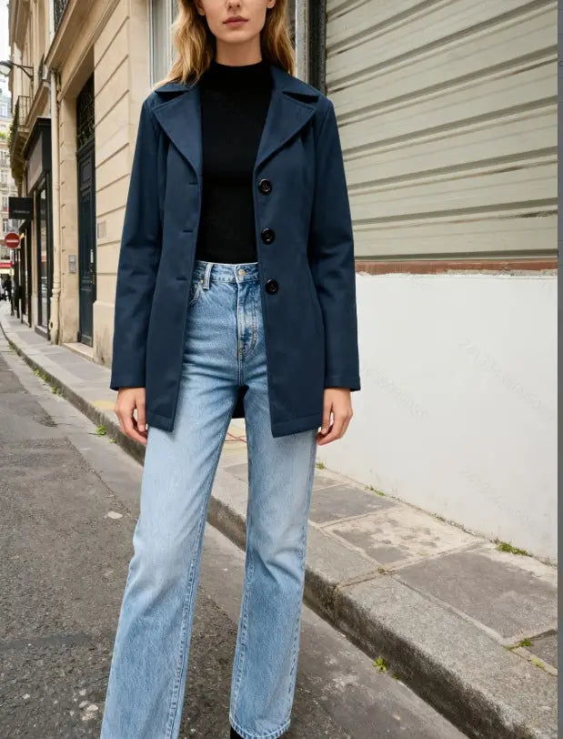 French-Style Vintage Notch-Collar Coat | Relaxed Fit Navy Commuter Jacket - relaxed fit, french-style vintage, elegant