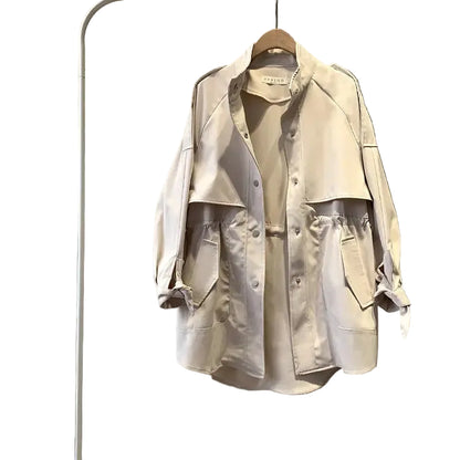 Loose Slimming Trench Coat | Medium Length Straight-Cut Jacket - Cream apricot / L - slimming trench, trench coat, Cream apricot