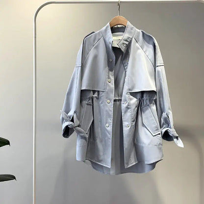 Loose Slimming Trench Coat | Medium Length Straight-Cut Jacket - Ivory blue / L - slimming trench, trench coat, loose Ivory blue