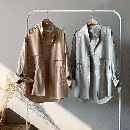 Loose Slimming Trench Coat | Medium Length Straight-Cut Jacket - Khaki / L - slimming trench, trench coat, loose Khaki