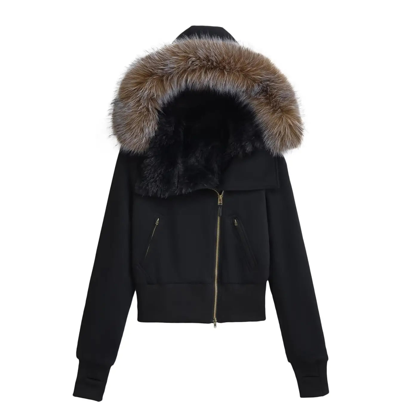 Women's Retro Cotton Cardigan by Trend Den, featuring a zip front, cropped design, and a faux fur hood.