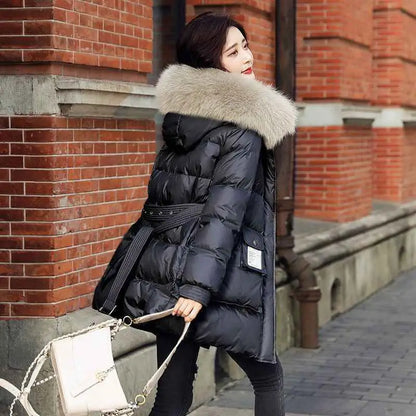 Women’s slim-fit padded black down jacket with silk cotton filler and plush light gray fur-lined hood and belt Black