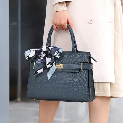 Spacious Crocodile-Embossed Leather Tote | Urban Minimalist Handbag - Blue - leather tote, south african, genuine Blue