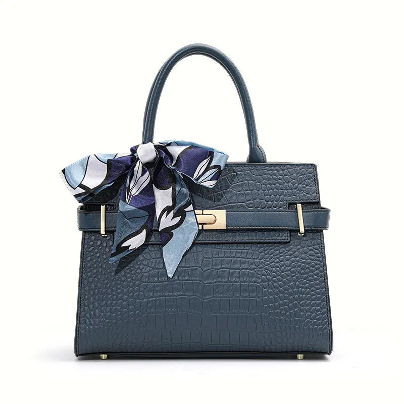 Spacious Crocodile-Embossed Leather Tote | Urban Minimalist Handbag - Blue - leather tote, south african, genuine Blue
