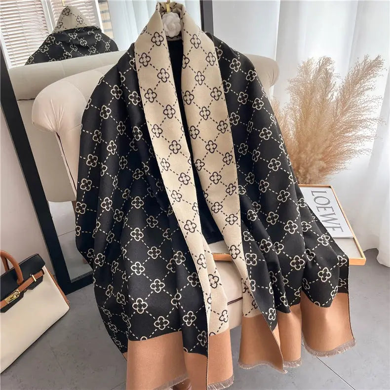 Thickened Double-Sided Cashmere-Feel Scarf | Tassel Edge Wrap - Black camel edge - imitation cashmere, south african, Black camel edge