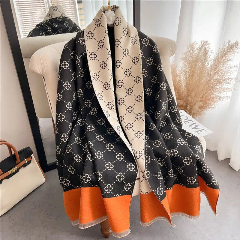 Thickened Double-Sided Cashmere-Feel Scarf | Tassel Edge Wrap - Black orange edge - imitation cashmere, south african, Black orange edge