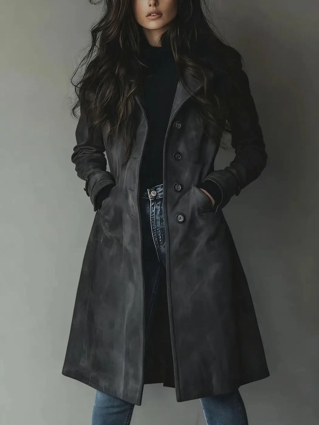 Western Style Long Trench Coat | Elegant British Commuter Windbreaker - Gray / L - trench coat, long trench, western Gray